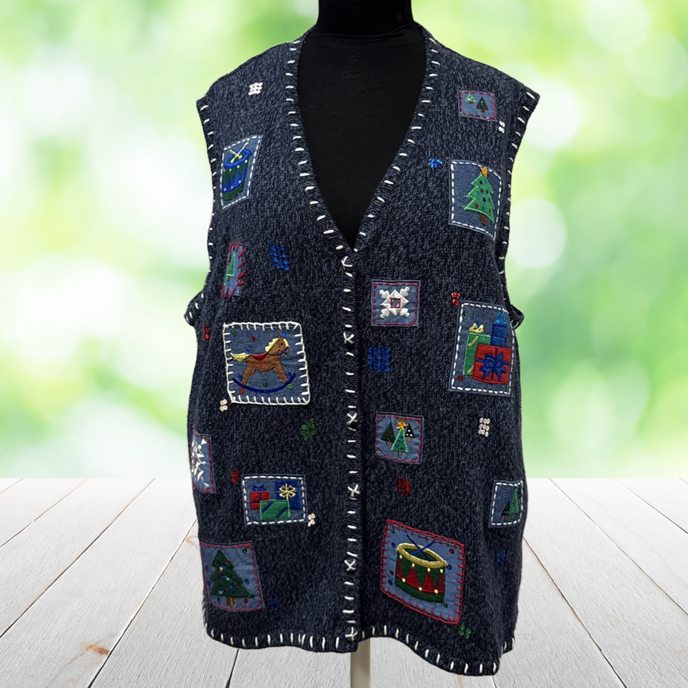 Vintage AMBRA Christmas Sweater Vest Embroidered Applique Blue Holiday Plus 1X